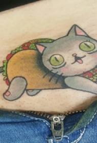 girls belly painted simple lines cartoon cat and food tattoo pictures