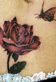 Abdominal Blood Red Rose Butterfly Tattoo Pattern