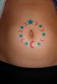 abdomen colored moon stars tattoo pattern