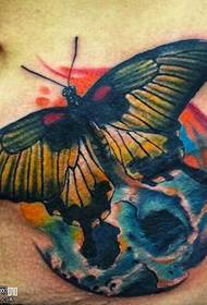 abdomen colored skull and butterfly tattoo pattern