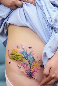 Abdomen colored feather tattoo pattern that can cover scars