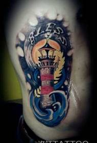 Abdominal Water Wave Lighthouse Tattoo Pattern