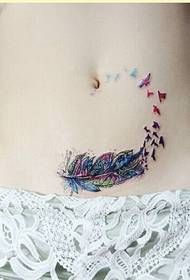 imagen de patrón de tatuaje de pluma de color de abdomen femenino de moda