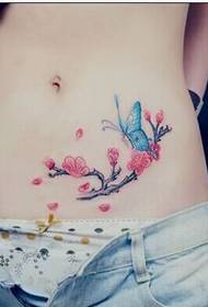 sexy female belly plum and butterfly color tattoo pattern picture