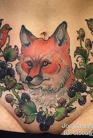 abdomen Europe and America fox vines berries Tattoo pattern