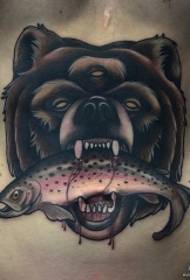 Europe and the United States abdominal school bear head and fish tattoo pattern
