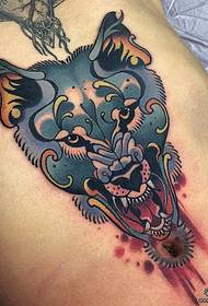 abdomen Jeropeesk en Amerikaansk wolfkopkleur tattoo patroan