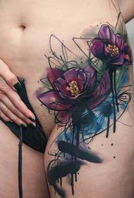 woman's left leg to abdomen watercolor flower tattoo picture