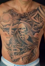 Abdominal Death Night Sky and Character Tattoo Pattern