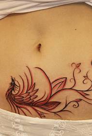 A beautiful red phoenix tattoo picture covering the abdomen
