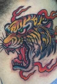 Neck Asian Style Angry Roaring Tiger Head Color Tattoo Pattern