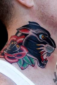 neck old School black panther and red rose tattoo pattern