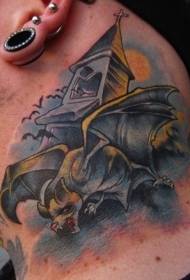 neck Cartoon painted vampire bat and old bell tower tattoo pattern