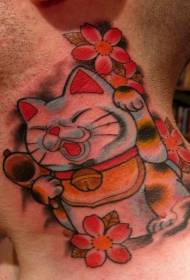plecu karikatūras stila jauks japāņu laimīgā kaķa tetovējums
