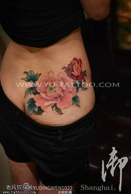 a female hip color peony tattoo pattern