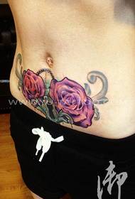 Female abdomen colored rose tattoo pattern