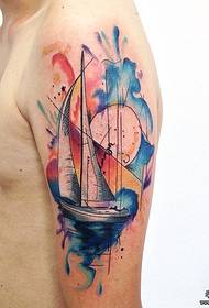 大臂帆船日出泼墨纹身图案
