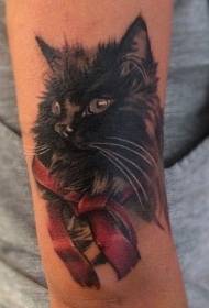 black cat and red bow arm tattoo pattern