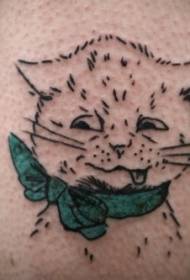 可爱的小猫咪和绿色蝴蝶结纹身图案