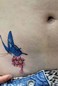 girl abdomen color butterfly cherry blossom Tattoo pattern