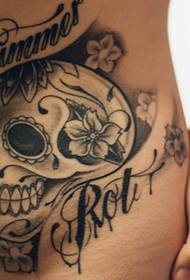 belly black and white personality skull tattoo