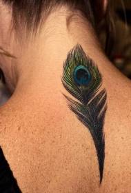 girl back neck peacock feather tattoo pattern