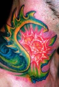 colored surreal art tattoo on the neck