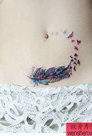 woman belly color feather tattoo work