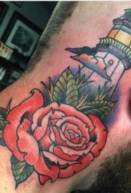 neck old style colored lighthouse with rose tattoo