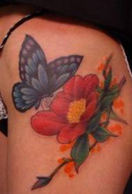 gūžas tetovējuma modelis: gūžas krāsas tauriņa ziedu tetovējuma raksts