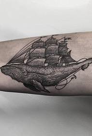 big whale combined with sailing tattoo pattern