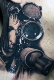 Neck black brown sniper woman tattoo pattern