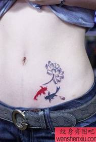 girl abdomen ink painting lotus and squid tattoo pattern