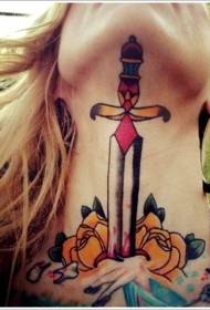 girl neck schoo yellow rose and dagger tattoo pattern