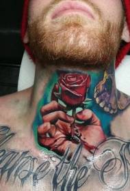 neck color realistic rose finger tattoo pattern