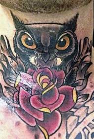 mænds halskole farve ugle rose tatoveringsmønster