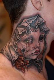 colored broken doll tattoo on the male neck
