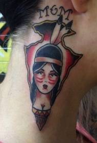 neck old school tribe arrow and Indian woman portrait tattoo pattern