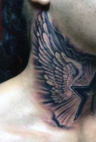 neck black and white wings and pentagram tattoo pattern