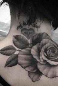 chicas detrás del cuello negro punto gris espina línea simple planta rosa tatuaje foto