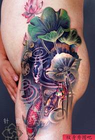 male hip realistic color squid lotus tattoo pattern