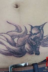 girls belly black and white nine Tail Fox Tattoo Pattern