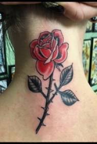 女生颈后彩绘渐变简单线条植物带刺玫瑰纹身图片