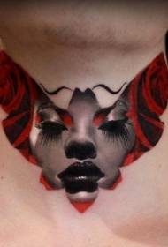 脖子順序與女性肖像紋身圖案令人印象深刻的蝴蝶