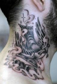 neck black and white bird and box key tattoo pattern
