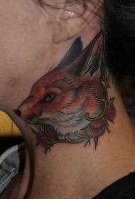 脖子上的彩色老狐狸紋身圖案