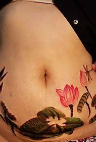 abdominal tattoo pattern: abdomen color ink painting lotus lotus leaf tattoo pattern