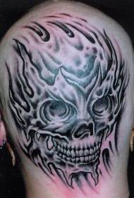 Male Head Ferocious skull Flame Black Gray Tattoo Pattern
