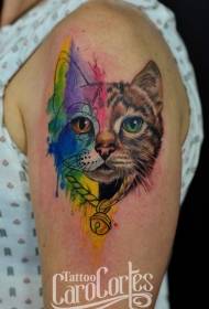 shoulder semi-realistic half watercolor cat head tattoo pattern