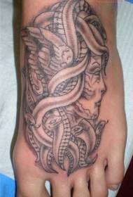 instep brown old Medusa head tattoo pattern